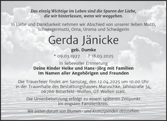 Traueranzeige von Gerda Jänicke von Trauerkombi Bitterfeld