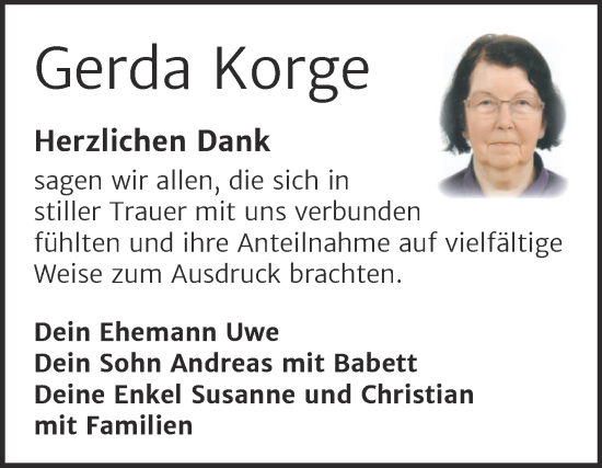 Traueranzeige von Gerda Korge von Trauerkombi Sangerhausen