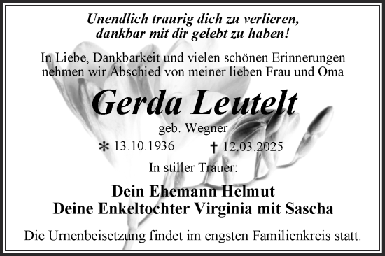 Traueranzeige von Gerda Leutelt von Trauerkombi Dessau