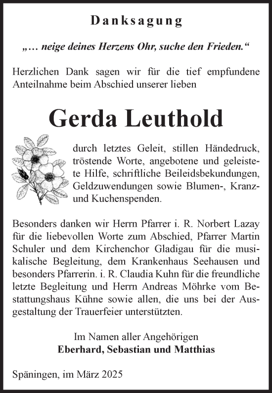Traueranzeige von Gerda Leuthold von Volksstimme Altmark Ost