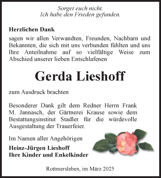 Traueranzeige von Gerda Lieshoff von Volksstimme Haldensleben/Wolmirstedt