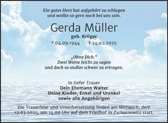 Traueranzeige von Gerda Müller von Trauerkombi Wittenberg