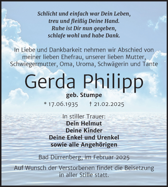 Traueranzeige von Gerda Philipp von Trauerkombi Merseburg