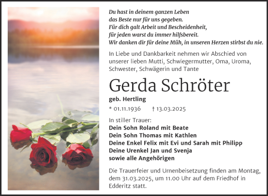 Traueranzeige von Gerda Schröter von Trauerkombi Köthen
