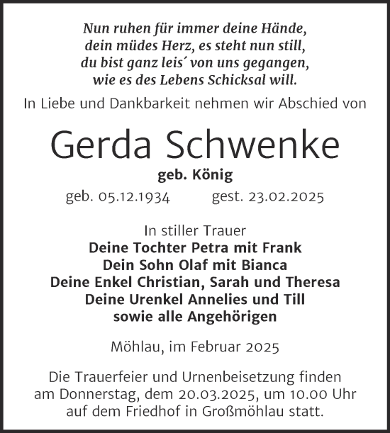 Traueranzeige von Gerda Schwenke von Trauerkombi Wittenberg