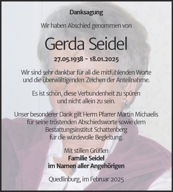 Traueranzeige von Gerda Seidel von Trauerkombi Quedlinburg