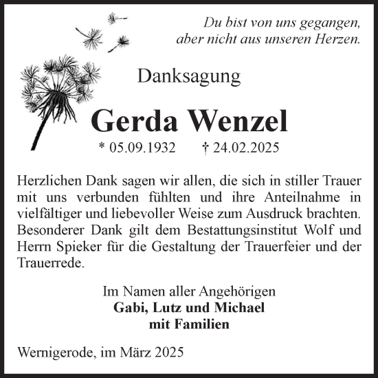 Traueranzeige von Gerda Wenzel von Volksstimme Wernigerode