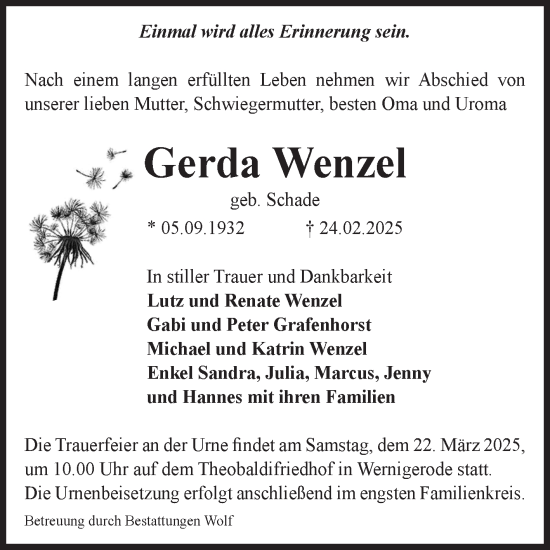 Traueranzeige von Gerda Wenzel von Volksstimme Wernigerode