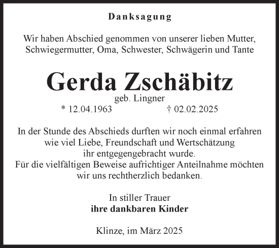 Traueranzeige von Gerda Zschäbitz von Volksstimme Haldensleben/Wolmirstedt