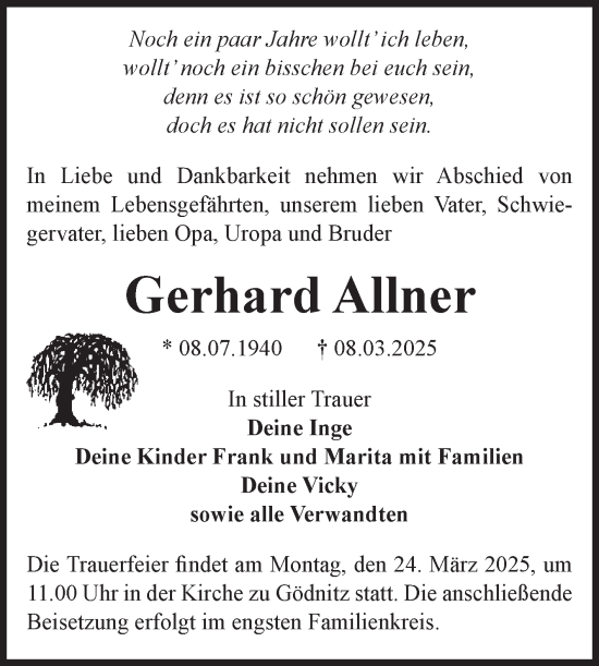 Traueranzeige von Gerhard Allner von Volksstimme Zerbst