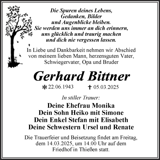 Traueranzeige von Gerhard Bittner von Mitteldeutsche Zeitung Dessau-Roßlau