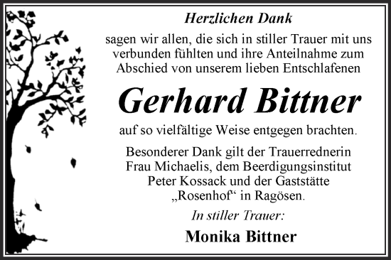 Traueranzeige von Gerhard Bittner von Trauerkombi Wittenberg