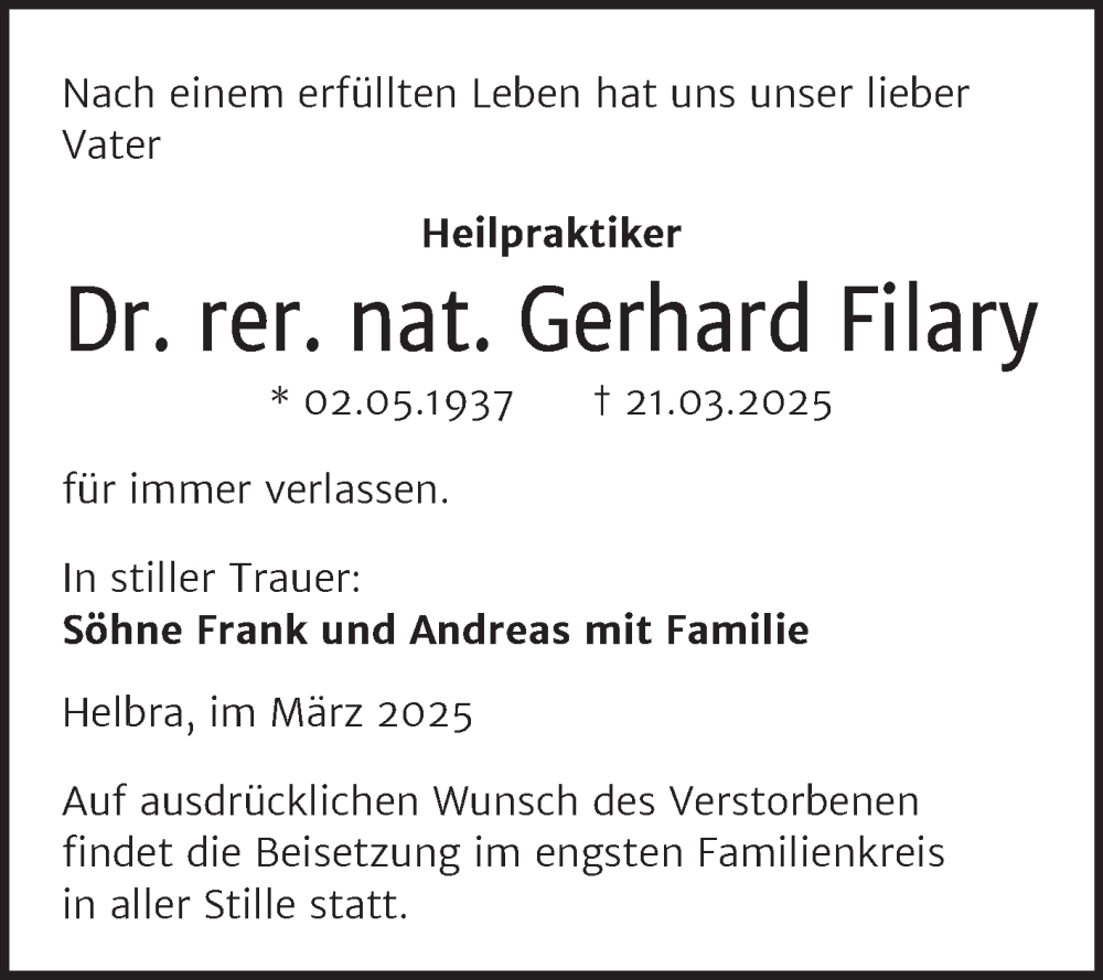  Traueranzeige für Gerhard Filary vom 29.03.2025 aus Trauerkombi Mansfelder Land