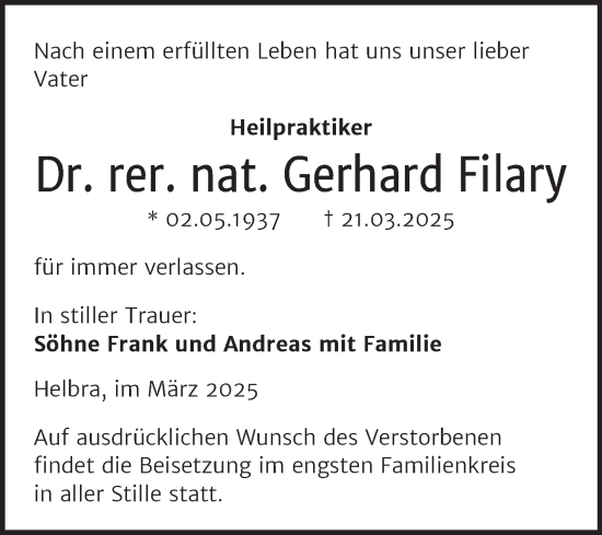 Traueranzeige von Gerhard Filary von Trauerkombi Mansfelder Land