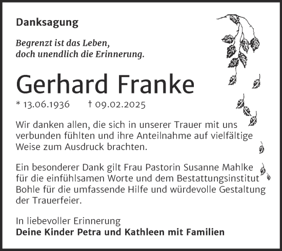 Traueranzeige von Gerhard Franke von Trauerkombi Merseburg