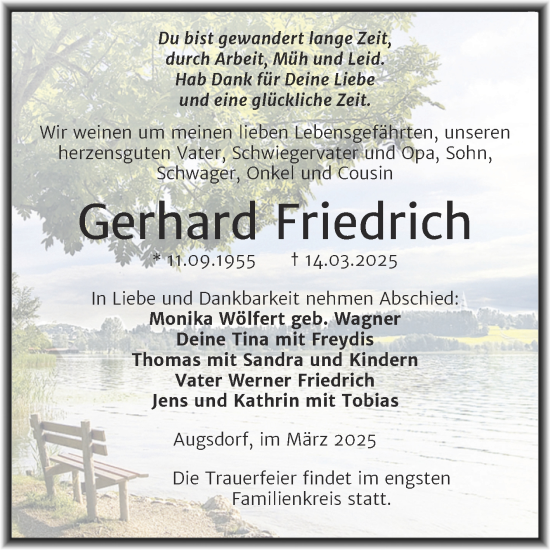 Traueranzeige von Gerhard Friedrich von Trauerkombi Mansfelder Land