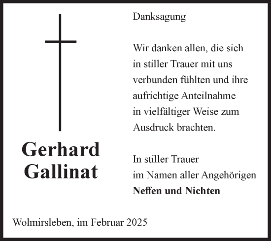 Traueranzeige von Gerhard Gallinat von Volksstimme Staßfurt