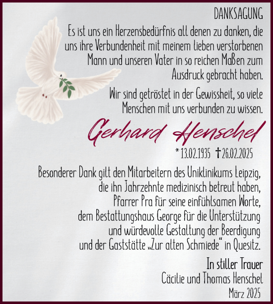 Traueranzeige von Gerhard Henschel von Super Sonntag Weißenfels