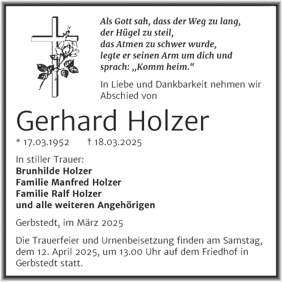 Traueranzeige von Gerhard Holzer von Trauerkombi Mansfelder Land