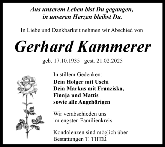 Traueranzeige von Gerhard Kammerer von Trauerkombi Quedlinburg