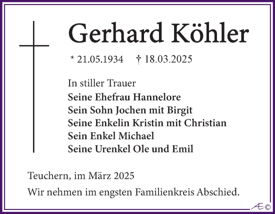 Traueranzeige von Gerhard Köhler von Trauerkombi Weißenfels