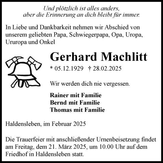 Traueranzeige von Gerhard Machlitt von Volksstimme Haldensleben/Wolmirstedt