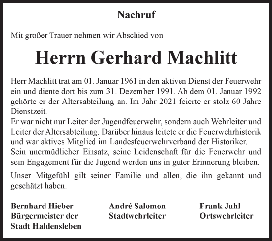 Traueranzeige von Gerhard Machlitt von Volksstimme Haldensleben/Wolmirstedt