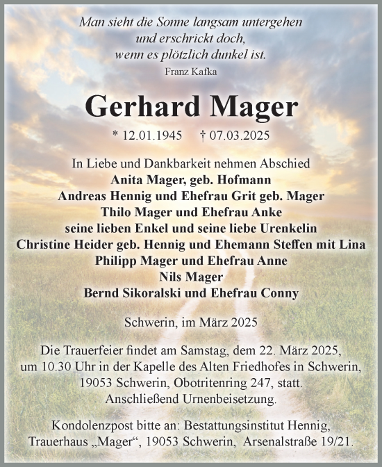 Traueranzeige von Gerhard Mager von Volksstimme Altmark West