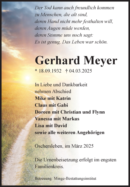 Traueranzeige von Gerhard Meyer von Volksstimme Oschersleben/Wanzleben