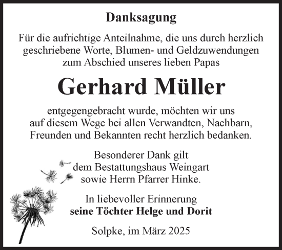 Traueranzeige von Gerhard Müller von Volksstimme Altmark West