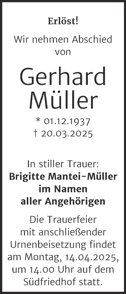 Traueranzeige von Gerhard Müller von Mitteldeutsche Zeitung Halle/Saalkreis