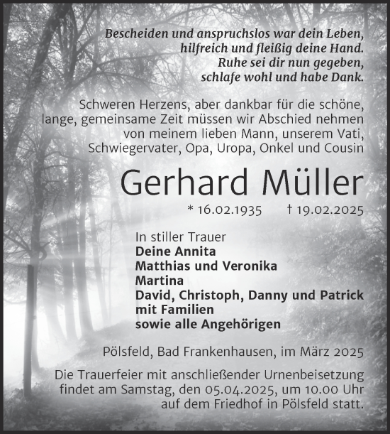 Traueranzeige von Gerhard Müller von Trauerkombi Sangerhausen