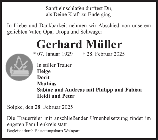 Traueranzeige von Gerhard Müller von Volksstimme Altmark West