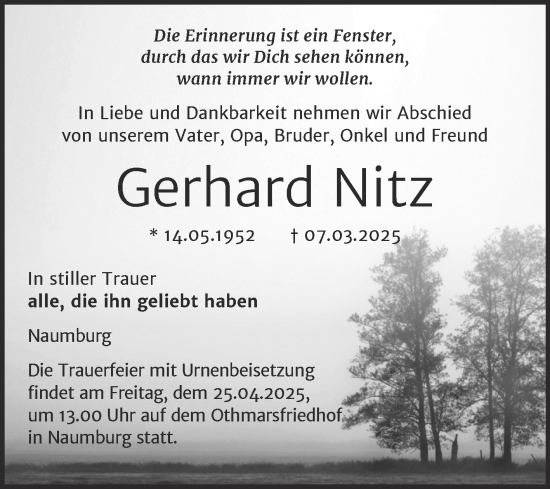 Traueranzeige von Gerhard Nitz von Super Sonntag Naumburg/Nebra