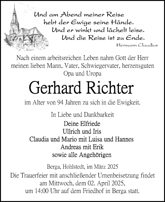 Traueranzeige von Gerhard Richter von Trauerkombi Sangerhausen