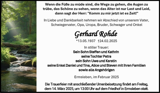 Traueranzeige von Gerhard Rohde von Trauerkombi Quedlinburg