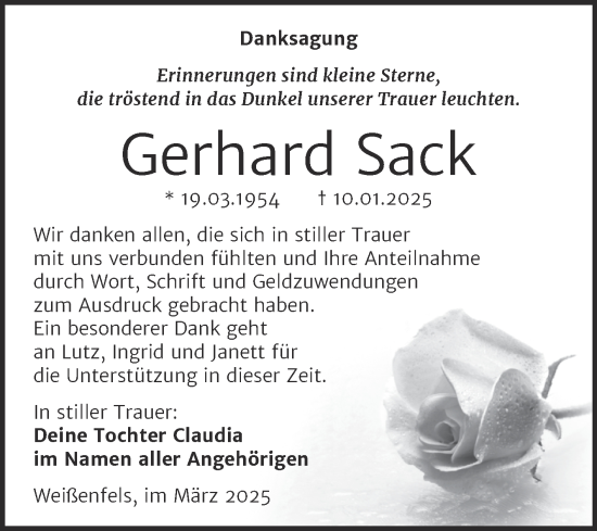 Traueranzeige von Gerhard Sack von Trauerkombi Weißenfels