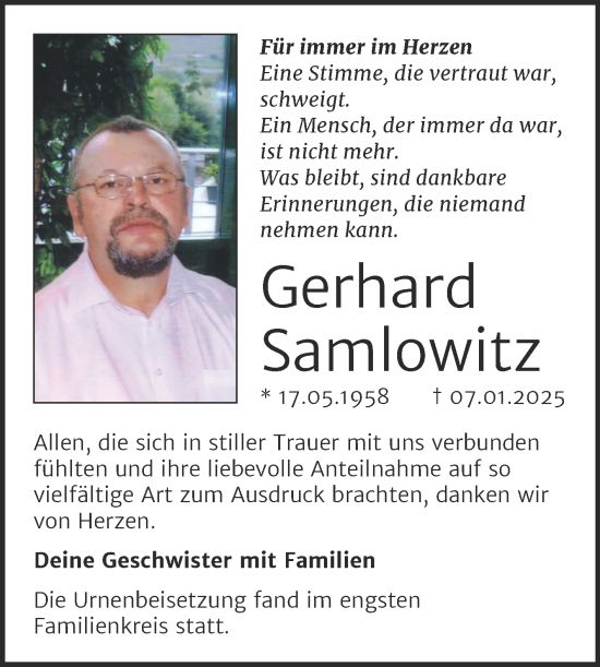 Traueranzeige von Gerhard Samlowitz von Trauerkombi Weißenfels