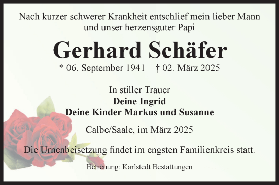 Traueranzeige von Gerhard Schäfer von Volksstimme Schönebeck