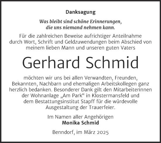 Traueranzeige von Gerhard Schmid von Trauerkombi Mansfelder Land