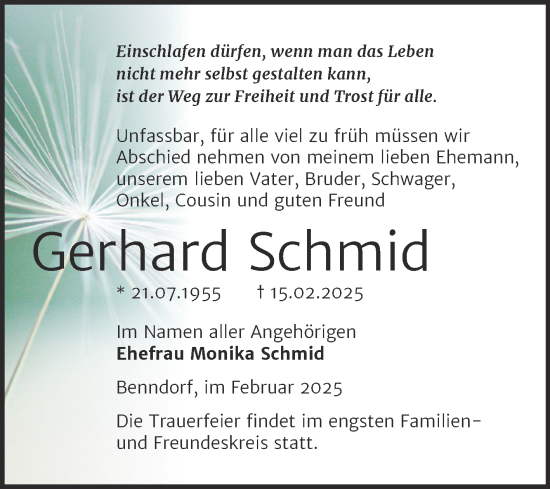 Traueranzeige von Gerhard Schmid von Trauerkombi Mansfelder Land