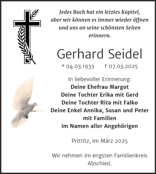 Traueranzeige von Gerhard Seidel von Trauerkombi Weißenfels