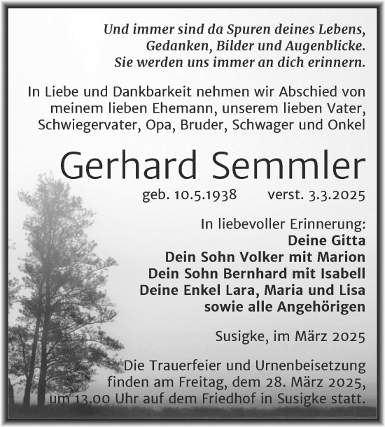 Traueranzeige von Gerhard Semmler von Trauerkombi Köthen