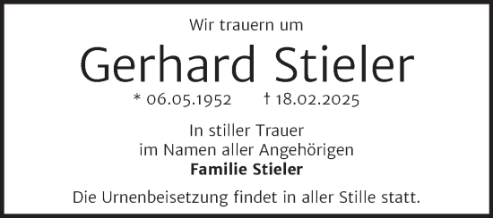 Traueranzeige von Gerhard Stieler von Trauerkombi Wittenberg