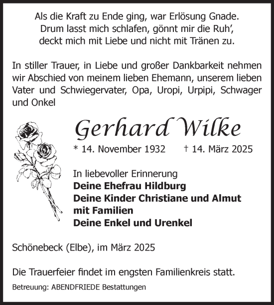 Traueranzeige von Gerhard Wilke von Volksstimme Schönebeck