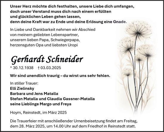Traueranzeige von Gerhardt Schneider von Trauerkombi Aschersleben