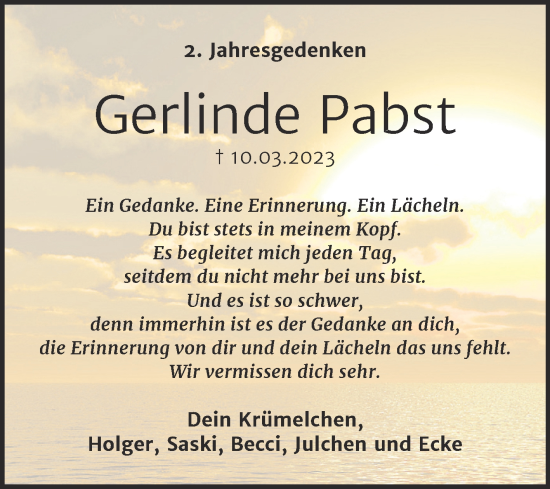 Traueranzeige von Gerlinde Pabst von Trauerkombi Köthen