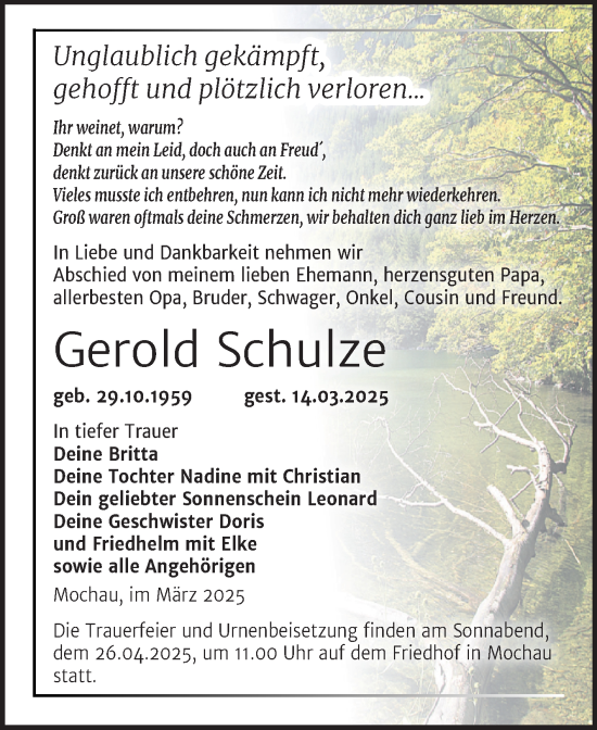 Traueranzeige von Gerold Schulze von Trauerkombi Wittenberg