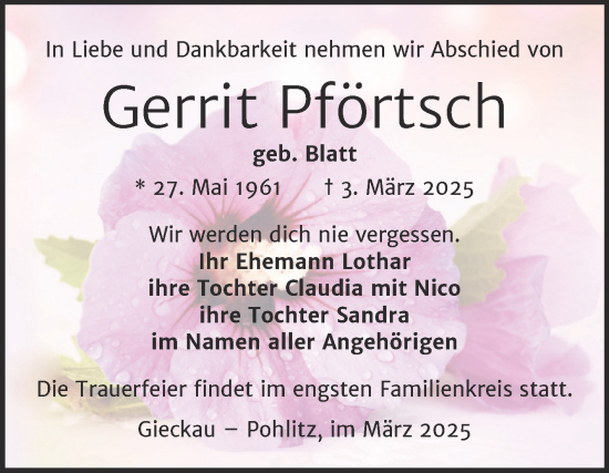 Traueranzeige von Gerrit Pförtsch von Naumburger Tageblatt