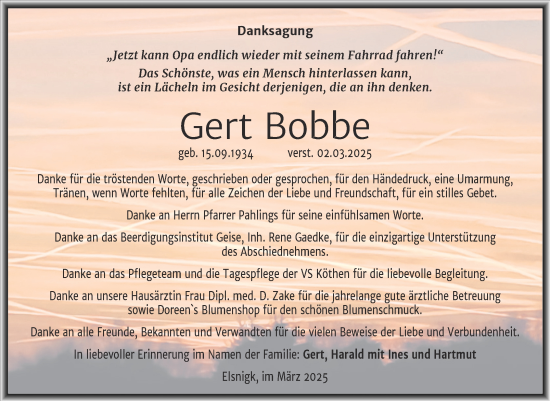Traueranzeige von Gert Bobbe von Trauerkombi Köthen
